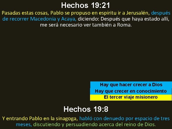 Hechos 19: 21 Pasadas estas cosas, Pablo se propuso en espíritu ir a Jerusalén,