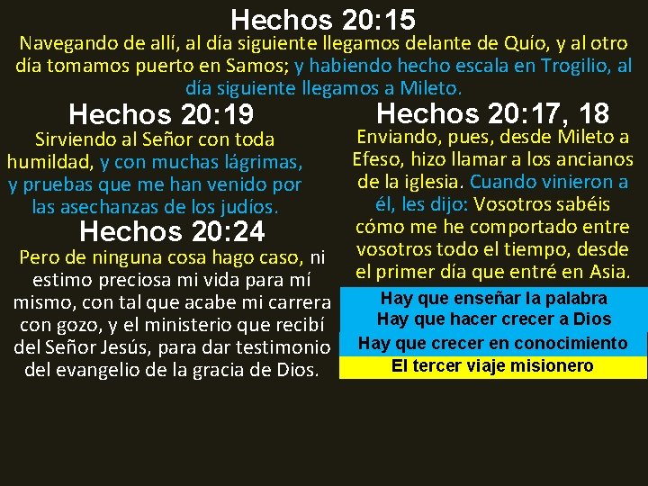 Hechos 20: 15 Navegando de allí, al día siguiente llegamos delante de Quío, y