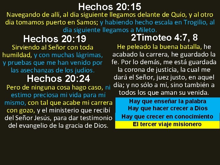 Hechos 20: 15 Navegando de allí, al día siguiente llegamos delante de Quío, y