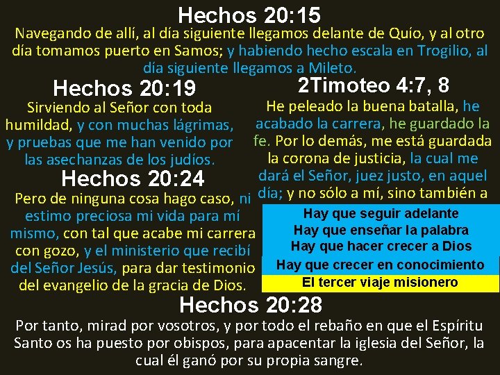 Hechos 20: 15 Navegando de allí, al día siguiente llegamos delante de Quío, y