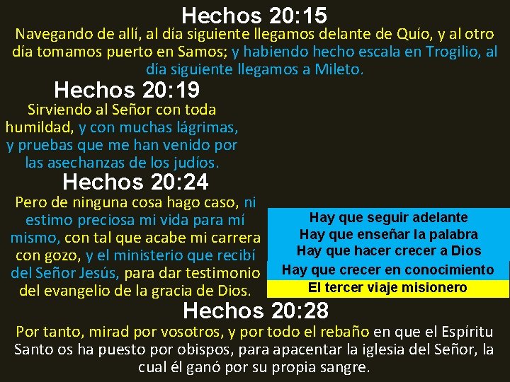 Hechos 20: 15 Navegando de allí, al día siguiente llegamos delante de Quío, y