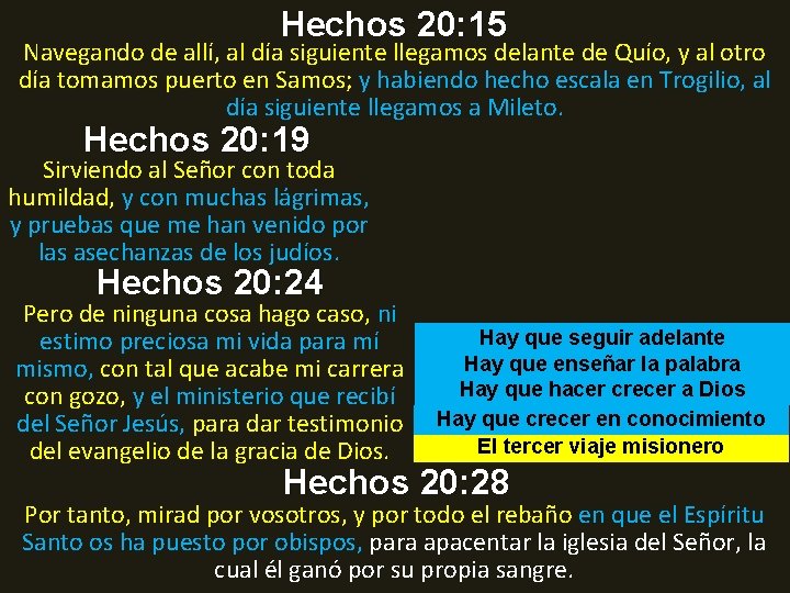 Hechos 20: 15 Navegando de allí, al día siguiente llegamos delante de Quío, y