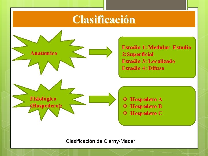 Clasificación Anatómico Fisiológico (Hospedero): Estadio 1: Medular Estadio 2: Superficial Estadio 3: Localizado Estadio Clasificación Anatómico Fisiológico (Hospedero): Estadio 1: Medular Estadio 2: Superficial Estadio 3: Localizado Estadio