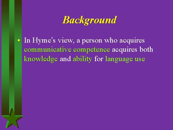 Background • In Hyme’s view, a person who acquires communicative competence acquires both knowledge