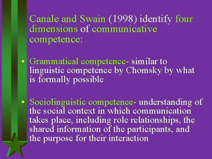 Canale and Swain (1998) identify four dimensions of communicative competence: • Grammatical competence- similar