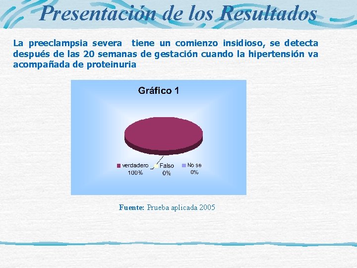 Presentación de los Resultados La preeclampsia severa tiene un comienzo insidioso, se detecta después