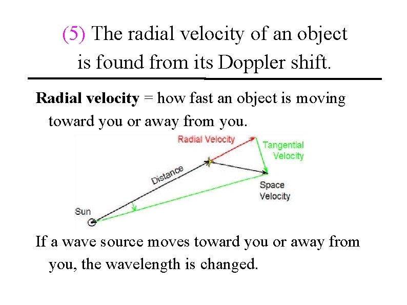 (5) The radial velocity of an object is found from its Doppler shift. Radial (5) The radial velocity of an object is found from its Doppler shift. Radial