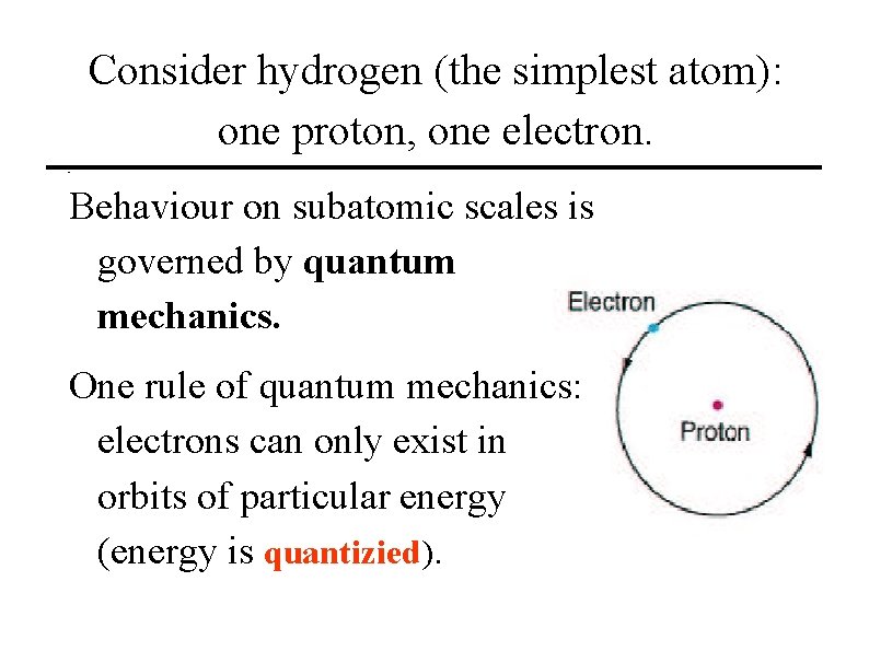 Consider hydrogen (the simplest atom): one proton, one electron. Behaviour on subatomic scales is Consider hydrogen (the simplest atom): one proton, one electron. Behaviour on subatomic scales is