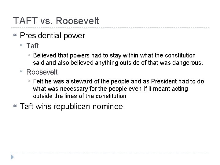 TAFT vs. Roosevelt Presidential power Taft Roosevelt Believed that powers had to stay within