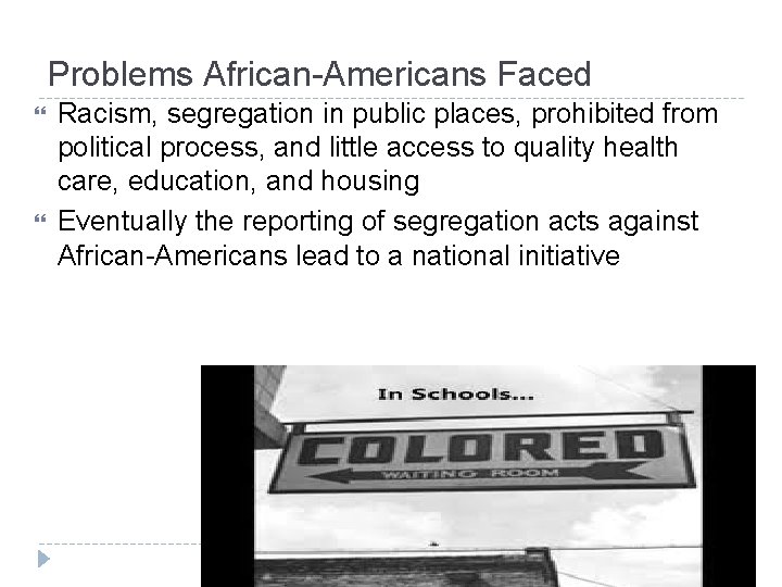 Problems African-Americans Faced Racism, segregation in public places, prohibited from political process, and little