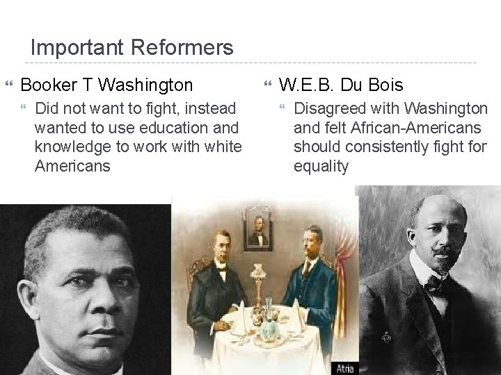Important Reformers Booker T Washington Did not want to fight, instead wanted to use