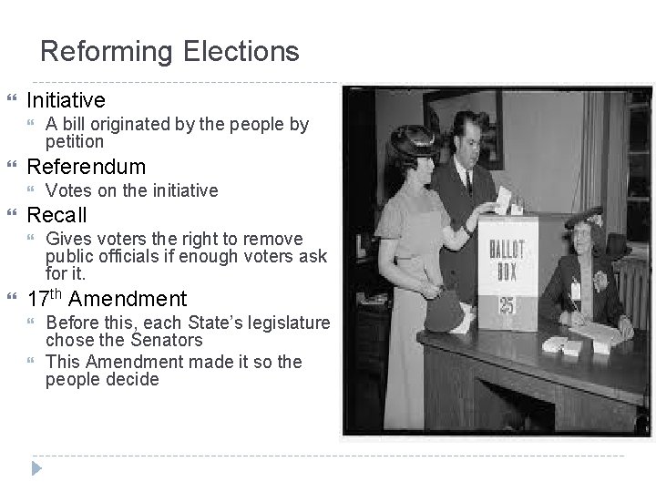 Reforming Elections Initiative Referendum Votes on the initiative Recall A bill originated by the