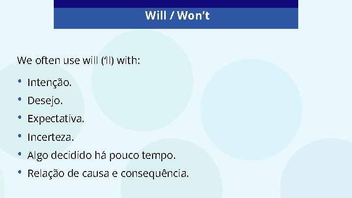 Will / Won’t We often use will (‘ll) with: • • • Intenção. Desejo.