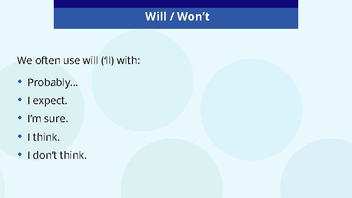 Will / Won’t We often use will (‘ll) with: • • • Probably. .