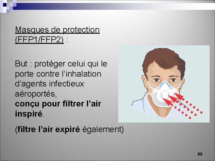 Masques de protection (FFP 1/FFP 2) : But : protéger celui qui le porte