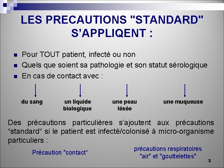 LES PRECAUTIONS "STANDARD" S’APPLIQENT : n n n Pour TOUT patient, infecté ou non
