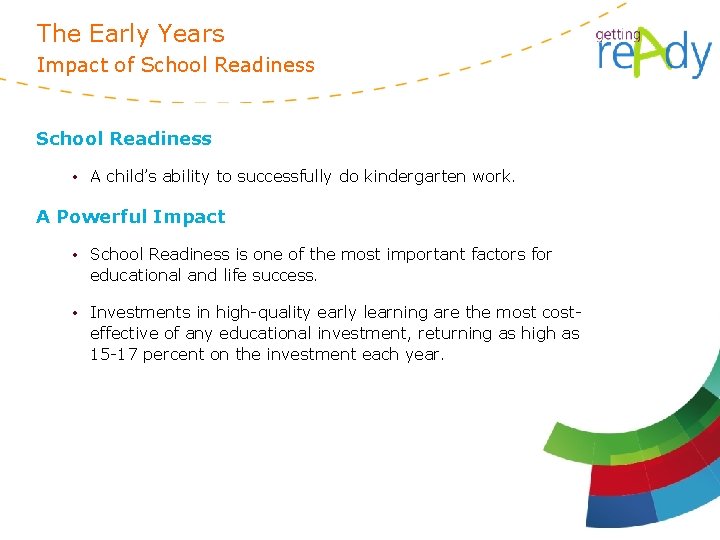 The Early Years Impact of School Readiness • A child’s ability to successfully do