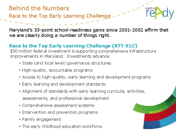 Behind the Numbers Race to the Top Early Learning Challenge Maryland’s 33 -point school-readiness