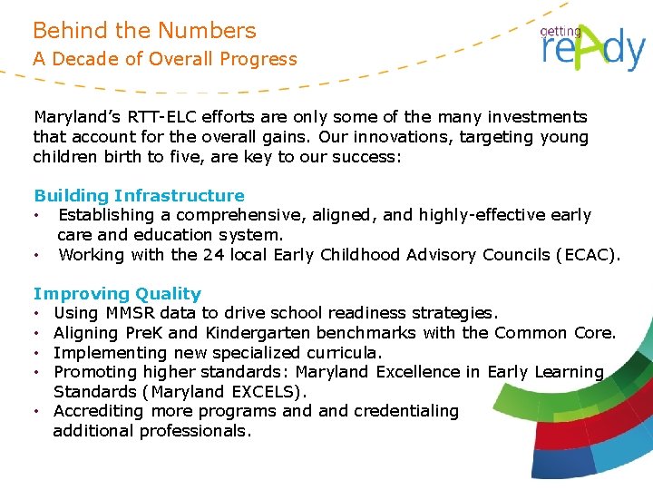 Behind the Numbers A Decade of Overall Progress Maryland’s RTT-ELC efforts are only some