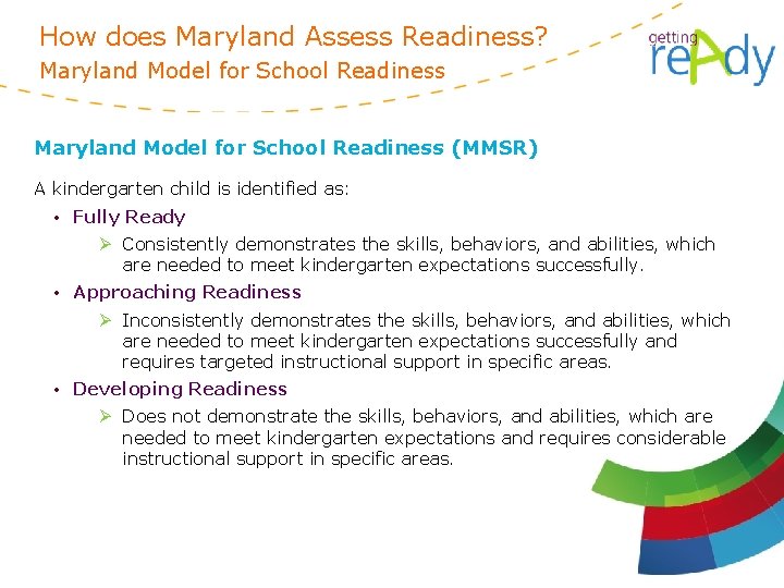 How does Maryland Assess Readiness? Maryland Model for School Readiness (MMSR) A kindergarten child