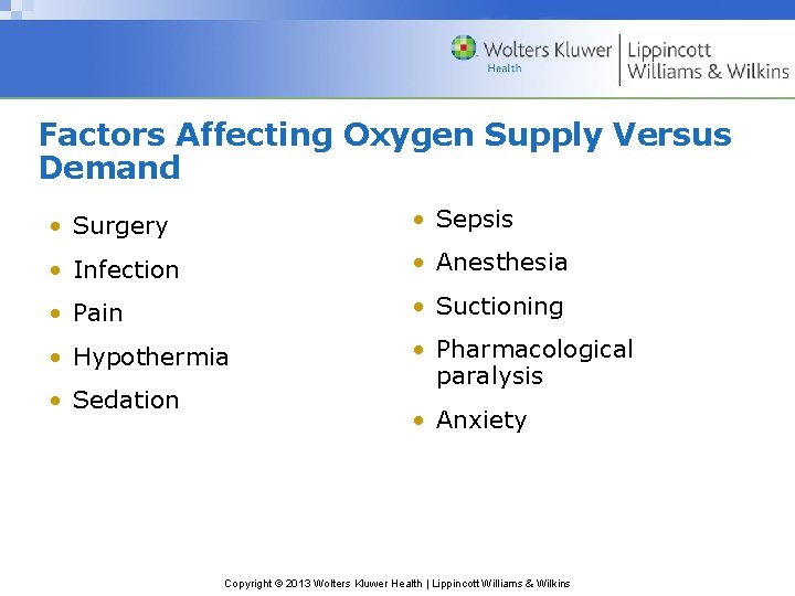 Factors Affecting Oxygen Supply Versus Demand • Surgery • Sepsis • Infection • Anesthesia