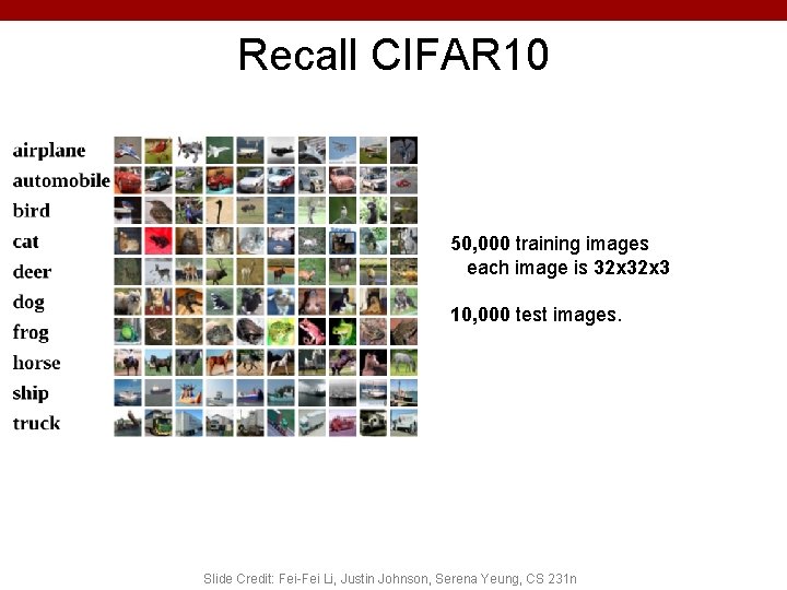 Recall CIFAR 10 50, 000 training images each image is 32 x 3 10,