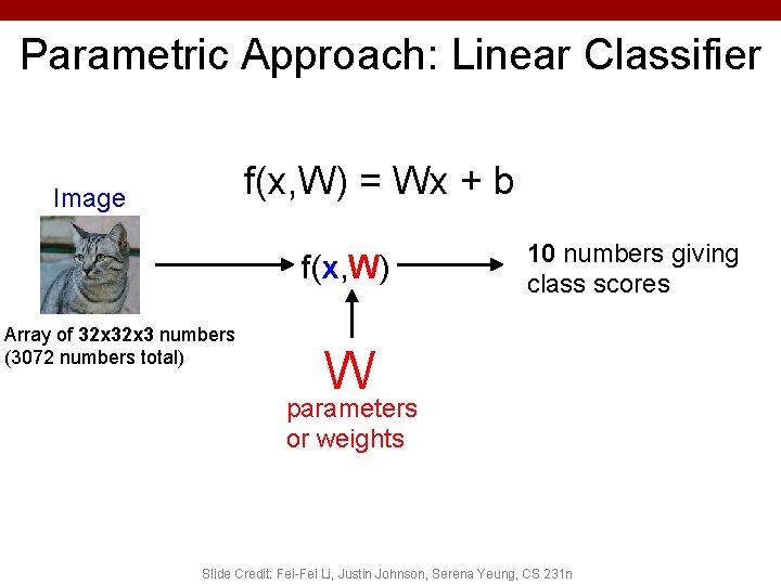 Parametric Approach: Linear Classifier f(x, W) = Wx + b Image f(x, W) Array