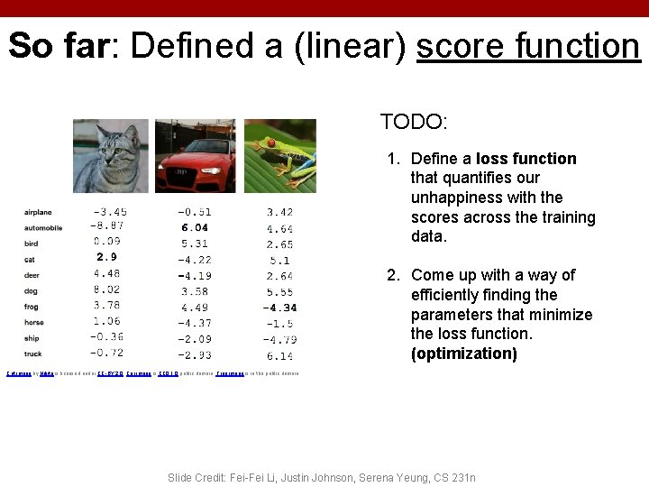 So far: Defined a (linear) score function TODO: 1. Define a loss function that