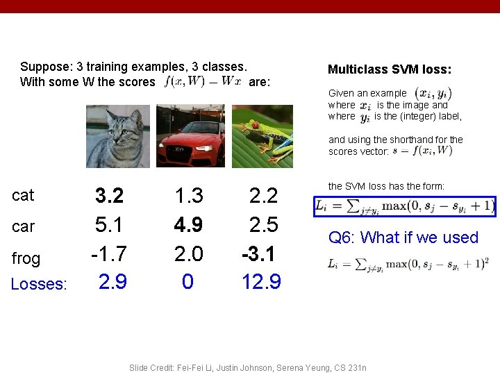 Suppose: 3 training examples, 3 classes. With some W the scores are: Multiclass SVM