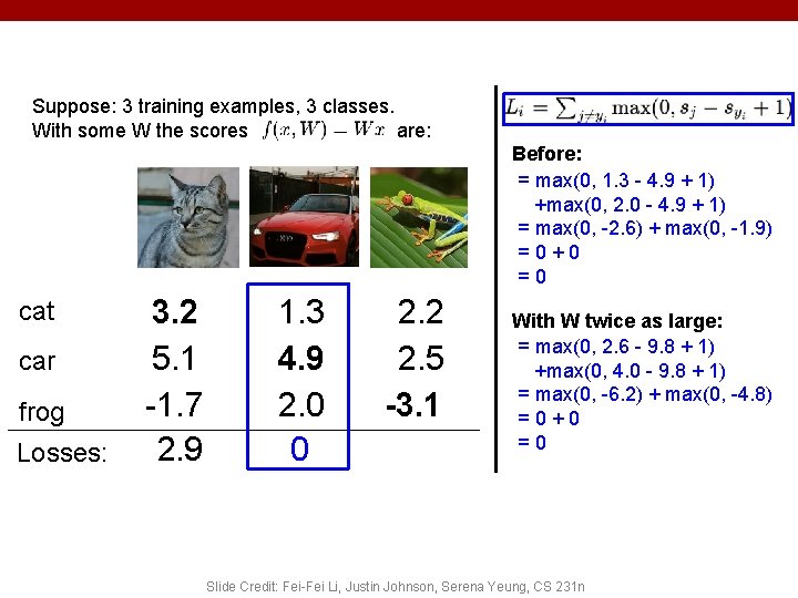 Suppose: 3 training examples, 3 classes. With some W the scores are: Before: =