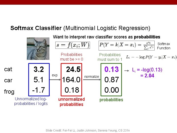 Softmax Classifier (Multinomial Logistic Regression) Want to interpret raw classifier scores as probabilities Softmax