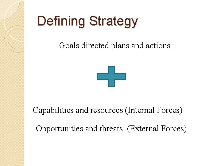 Defining Strategy Goals directed plans and actions Capabilities and resources (Internal Forces) Opportunities and
