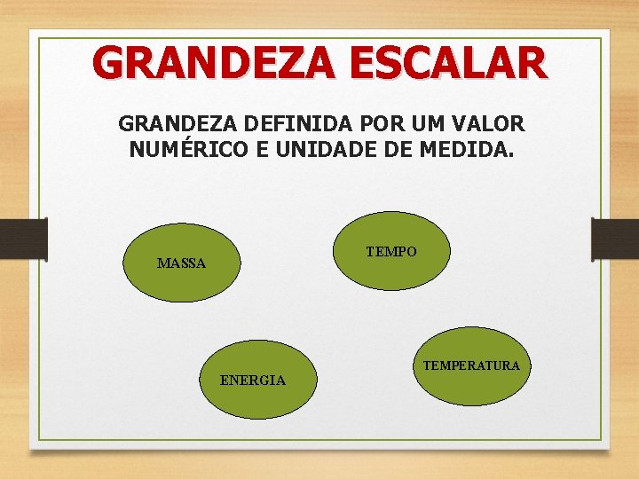 GRANDEZA ESCALAR GRANDEZA DEFINIDA POR UM VALOR NUMÉRICO E UNIDADE DE MEDIDA. TEMPO MASSA