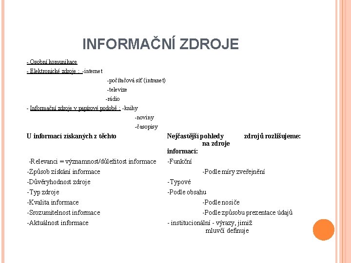 INFORMAČNÍ ZDROJE - Osobní komunikace - Elektronické zdroje : -internet -počítačová síť (intranet) -televize