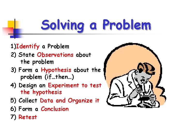 Solving a Problem 1)Identify a Problem 2) State Observations about the problem 3) Form