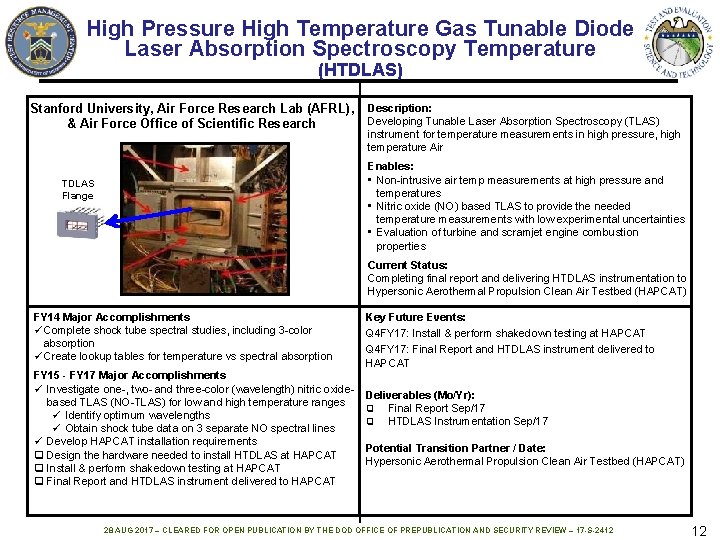 High Pressure High Temperature Gas Tunable Diode Laser Absorption Spectroscopy Temperature (HTDLAS) Stanford University,