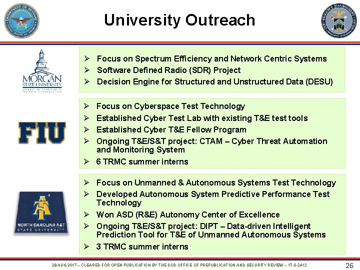 University Outreach Ø Focus on Spectrum Efficiency and Network Centric Systems Ø Software Defined