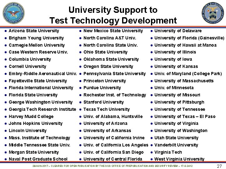 University Support to Test Technology Development l Arizona State University l New Mexico State