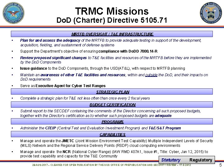 TRMC Missions Do. D (Charter) Directive 5105. 71 MRTFB OVERSIGHT / T&E INFRASTRUCTURE •