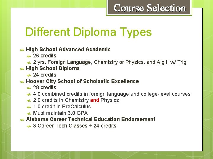 Course Selection Different Diploma Types High School Advanced Academic 26 credits 2 yrs. Foreign