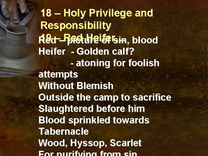 18 – Holy Privilege and Responsibility 19 ––Red Heifer… Red picture of sin, blood