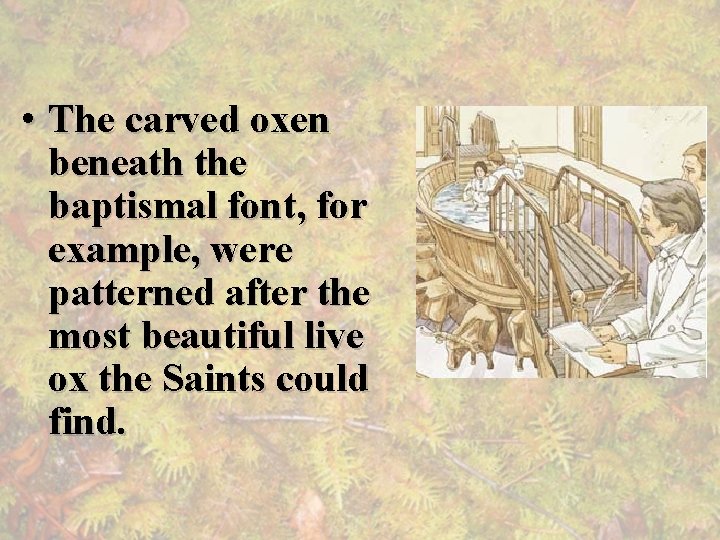  • The carved oxen beneath the baptismal font, for example, were patterned after