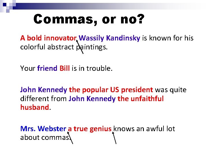 Commas, or no? A bold innovator Wassily Kandinsky is known for his colorful abstract