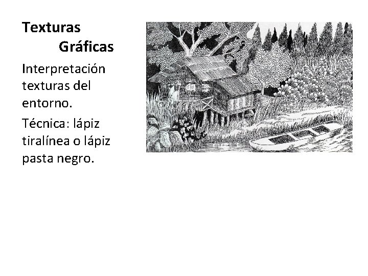 Texturas Gráficas Interpretación texturas del entorno. Técnica: lápiz tiralínea o lápiz pasta negro. 