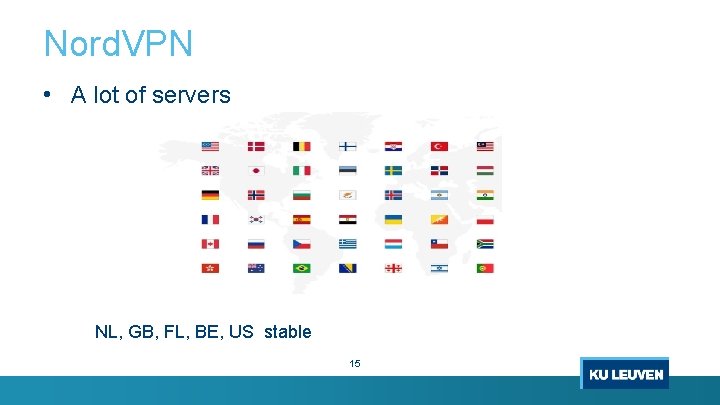 Nord. VPN • A lot of servers NL, GB, FL, BE, US stable 15