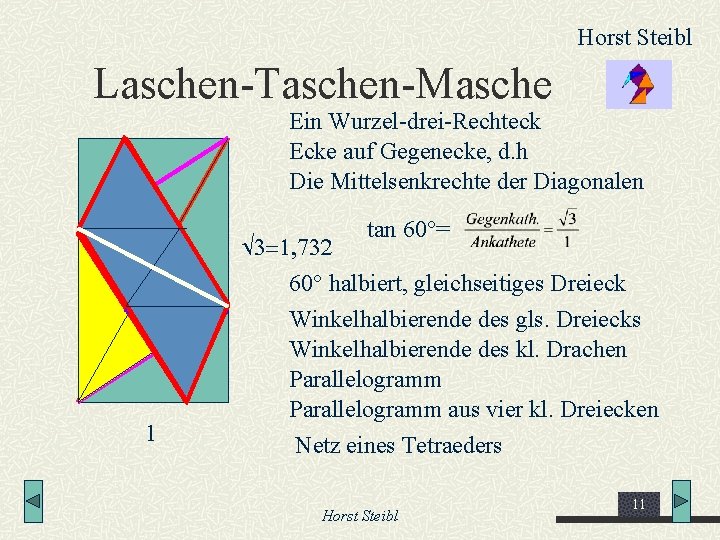 Horst Steibl Laschen-Taschen-Masche Ein Wurzel-drei-Rechteck Ecke auf Gegenecke, d. h Die Mittelsenkrechte der Diagonalen