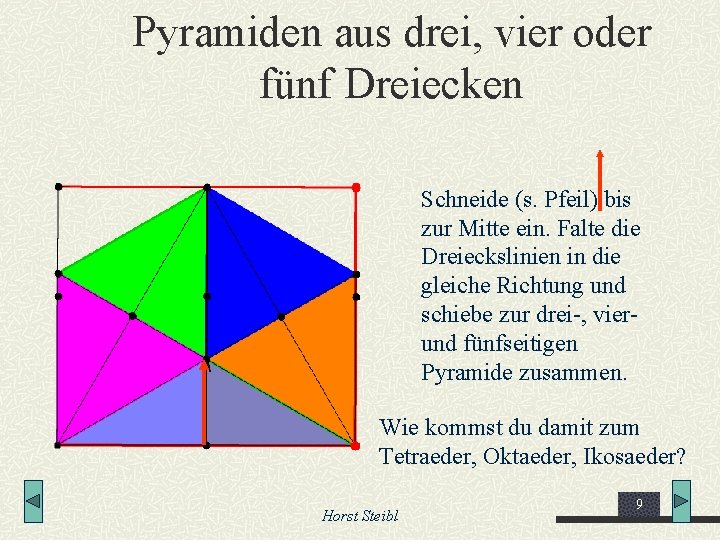 Pyramiden aus drei, vier oder fünf Dreiecken Schneide (s. Pfeil) bis zur Mitte ein.