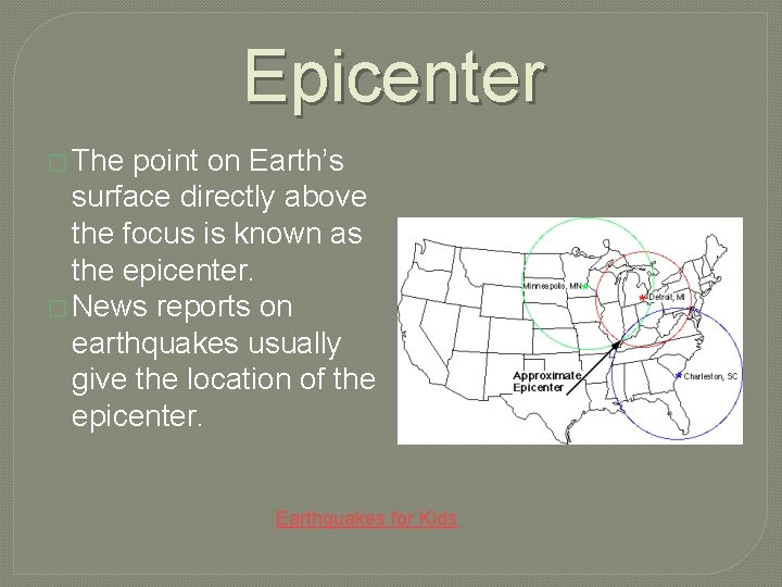 Epicenter � The point on Earth’s surface directly above the focus is known as