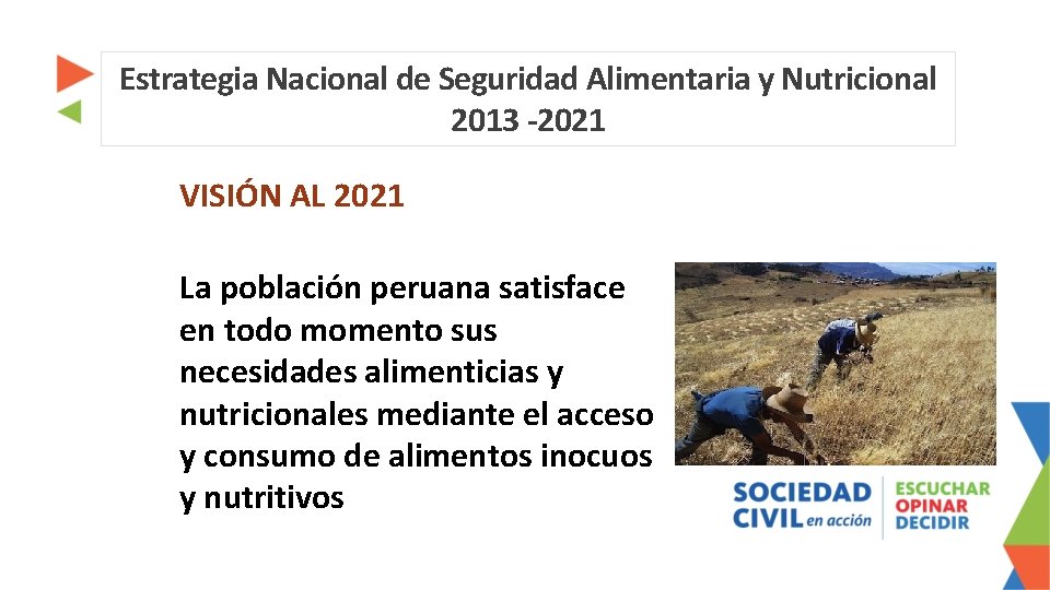Estrategia Nacional de Seguridad Alimentaria y Nutricional 2013 -2021 VISIÓN AL 2021 La población