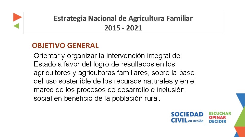 Estrategia Nacional de Agricultura Familiar 2015 - 2021 OBJETIVO GENERAL Orientar y organizar la